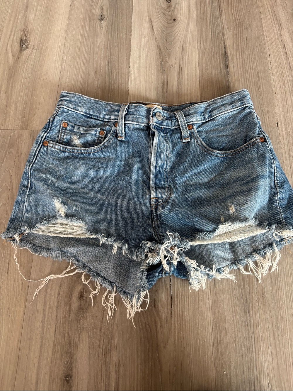 Levis 501 30 Button Fly Distressed High-Rise Denim Shorts
